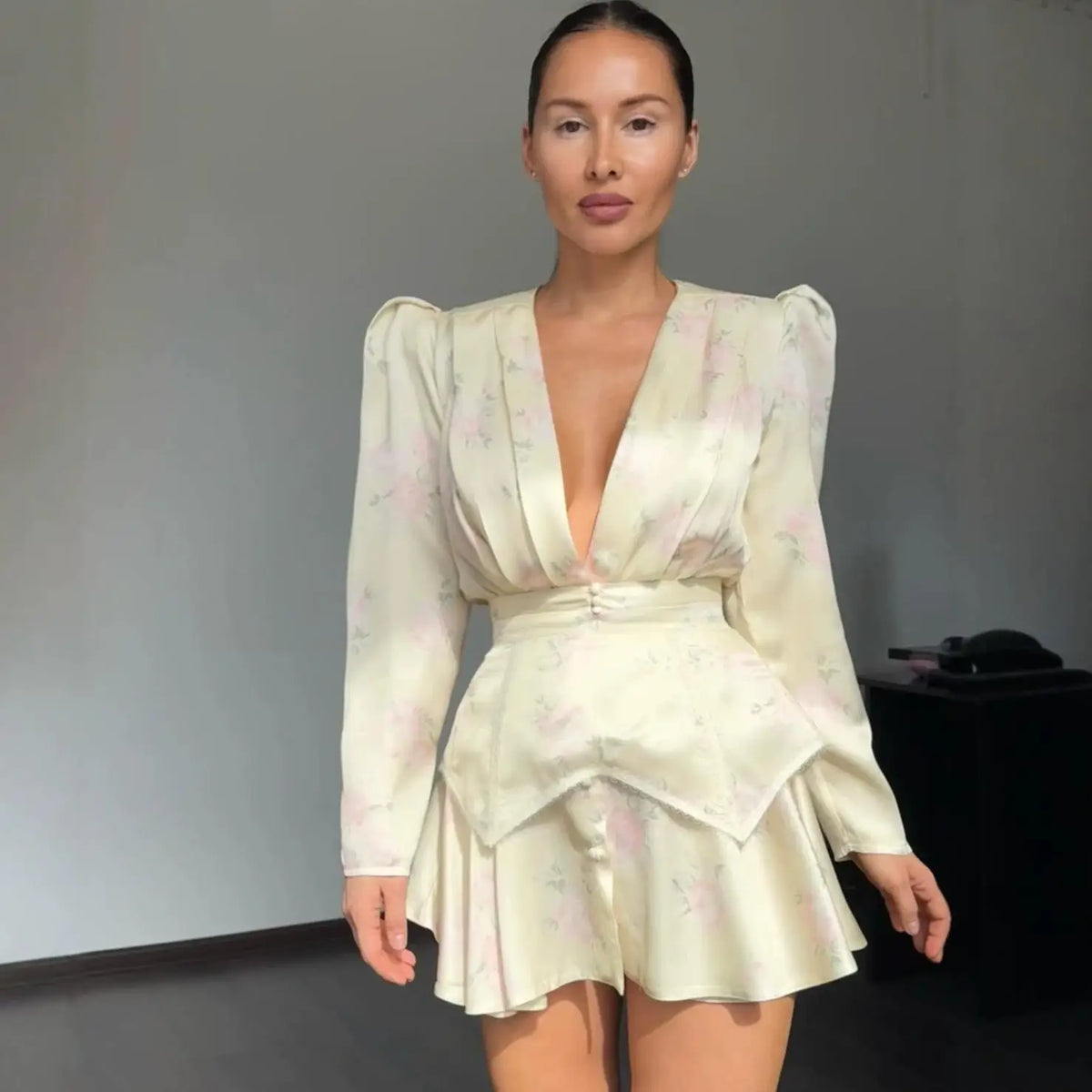 Sexy Women's Dress Deep V-neck Full Sleeve Waistband Two Piece Female Print Floral Sets 2026 Summer Party New Holiday Lady Suit