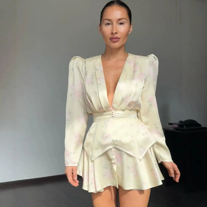 Sexy Women's Dress Deep V-neck Full Sleeve Waistband Two Piece Female Print Floral Sets 2026 Summer Party New Holiday Lady Suit