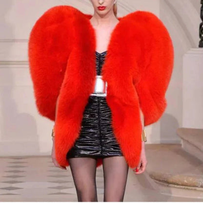 Autumn Winter Women Faux Fur Jacket Heart Pattern Personality O Collar Sleeveless Exaggeration Coat Female Fashion Tide Outwear