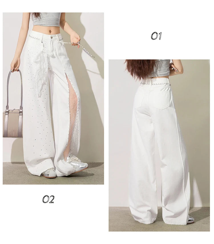 Women Jeans Pants Baggy Jeans Spring Flare Trousers Lace Applique Crystal Wide Leg Pearl Slit Distressed Design