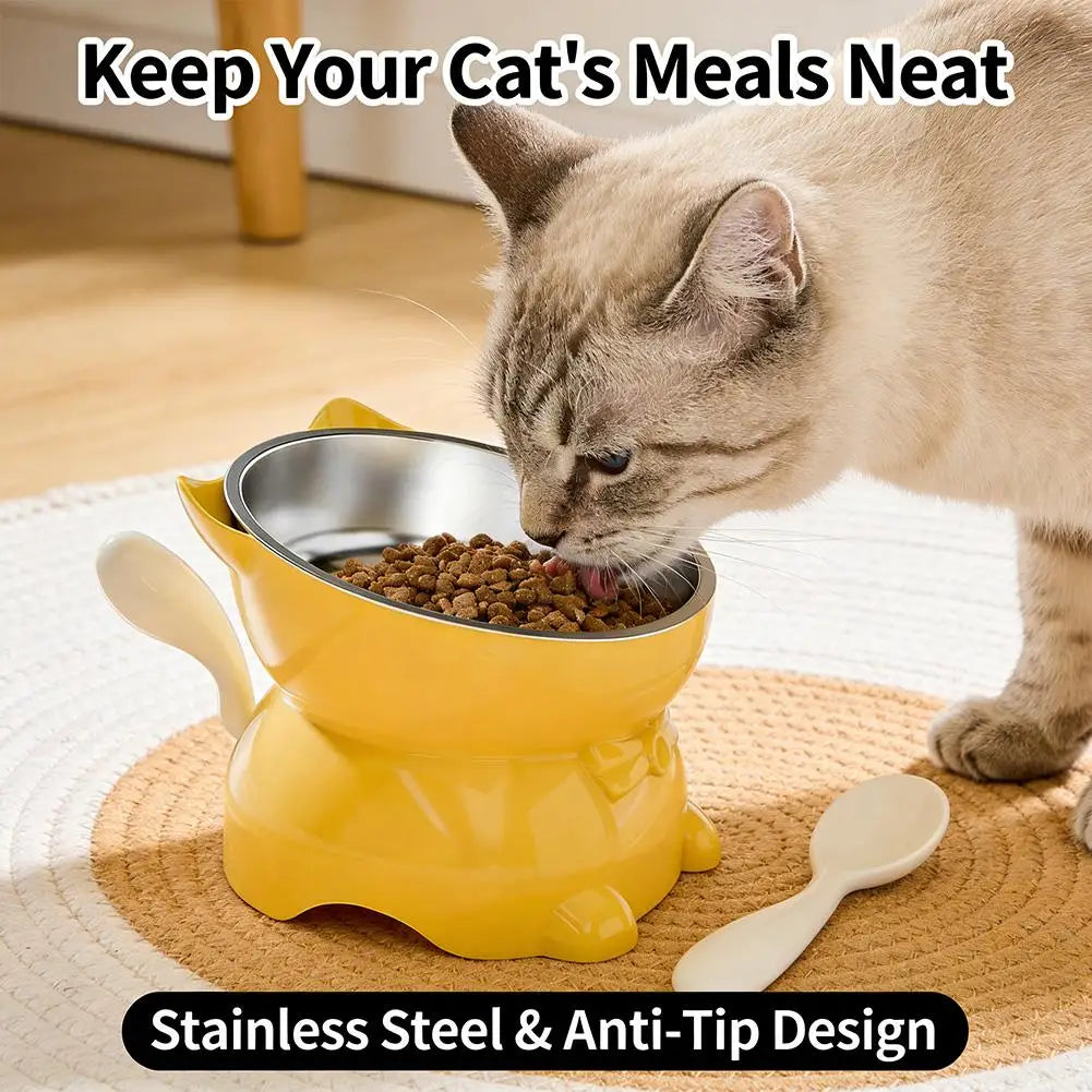 Elevated Stainless Steel Cat Bowl, Inclined Food & Water Dish with Cute Ear Stand, Neck Protection Design for Cats