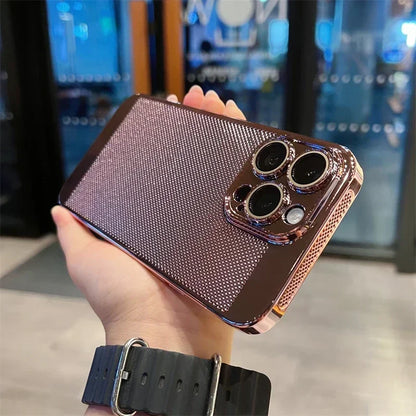 Luxury Plating Hollowed Out Case for iPhone 17 Pro 16 15 14 Pro Max Plus 13 12 Mini 11 17Air Heat Dissipation Shockproof Cover