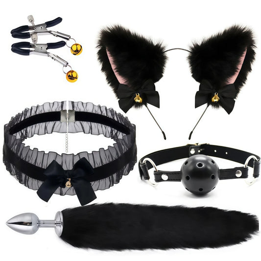 5 In 1 Fox Tail Butt Plug Set Cat Ears Headband Choker Ball Gag Nipple Clamps BDSM Cosplay Pet Play Accessories for Couples