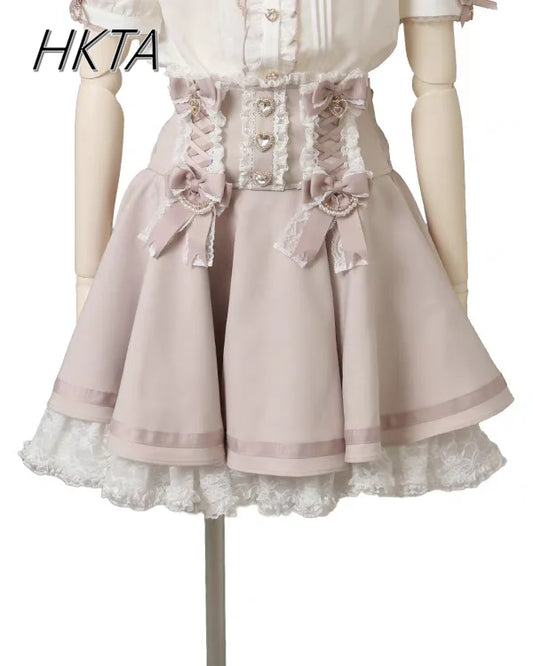 Japanese Liz Skirt High Waist Thin Kawaii Cute Bow Lolita Skirts Women Summer New Elastic High Waist Ruffle Short Pleated Skirt