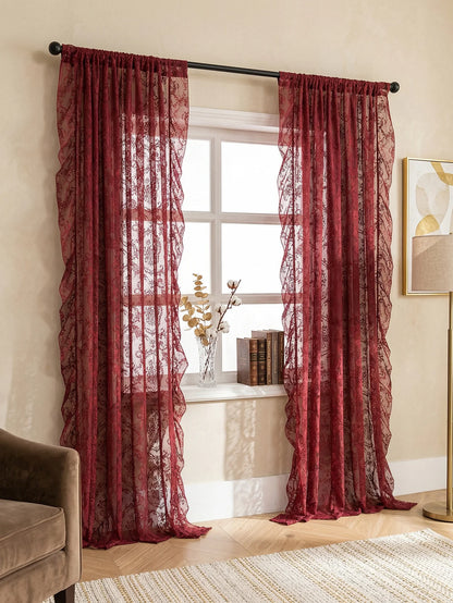 Vintage Burgundy Lace Sheer Curtains, Rod Pocket Ruffled Lace Window Curtains for Living Room Bedroom