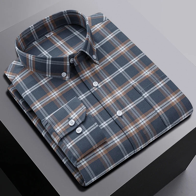 New In Shirt Oversize Long-Sleeve 100%Cotton Shirts for Men Slim Fit Formal Plain Shirt Plaid Casual Tops Designer Black Clothes