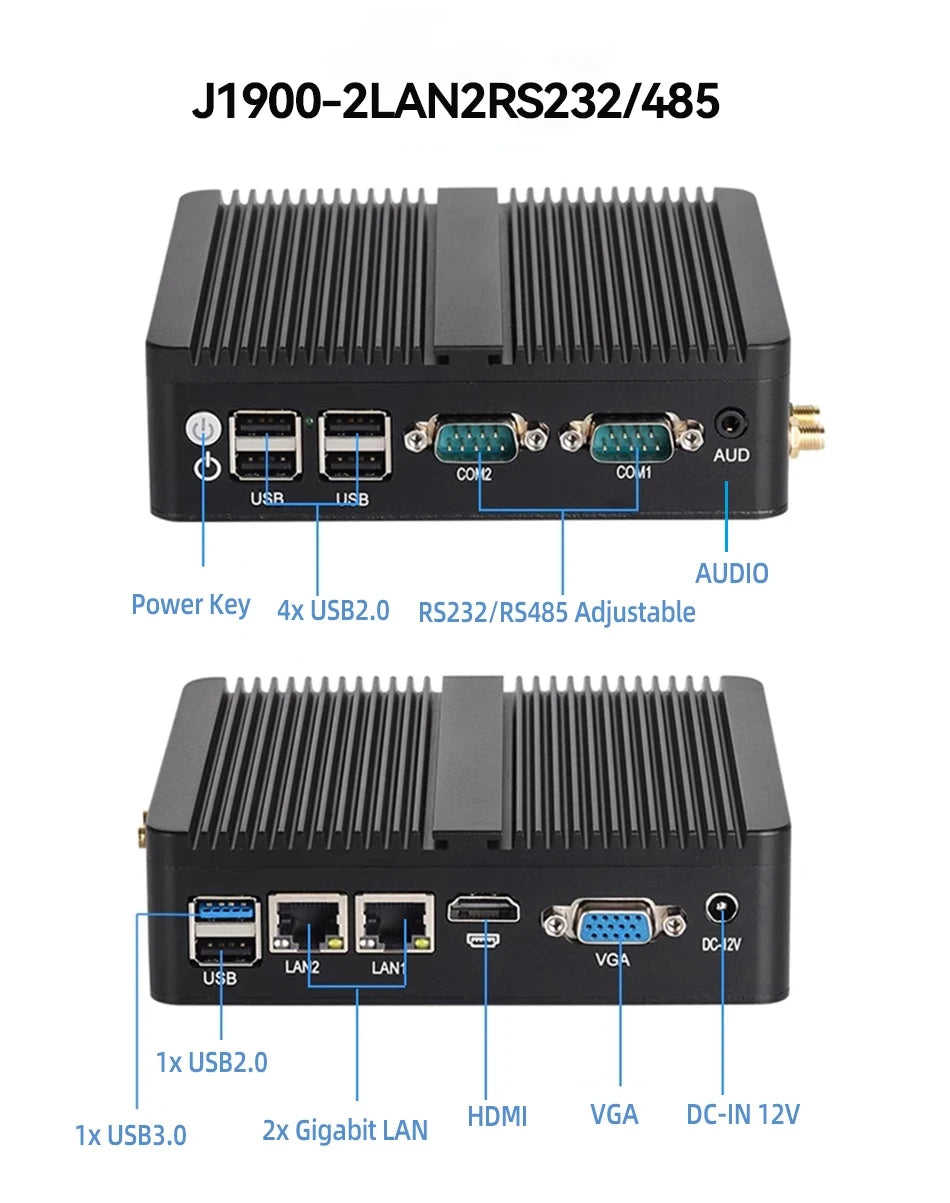 BEBEPC Fanless Industrial Mini PC with Intel Celeron J6412 J1900 Support Linux Computer with 2xRS232/485 2xGbE LAN Win10 Ready