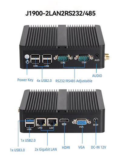 BEBEPC Fanless Industrial Mini PC with Intel Celeron J6412 J1900 Support Linux Computer with 2xRS232/485 2xGbE LAN Win10 Ready