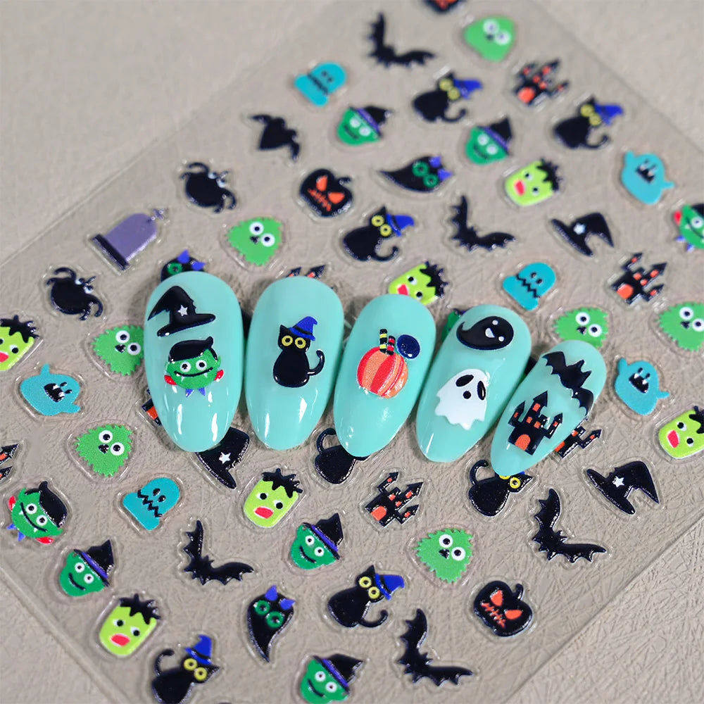 1sheet 5D Halloween Nail Stickers Pink/Green/Black Cartoon Pattern Nail Art Slider DIY For Sweet Cool Girl Cute Nail Decoration