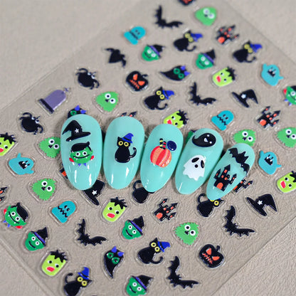 1sheet 5D Halloween Nail Stickers Pink/Green/Black Cartoon Pattern Nail Art Slider DIY For Sweet Cool Girl Cute Nail Decoration