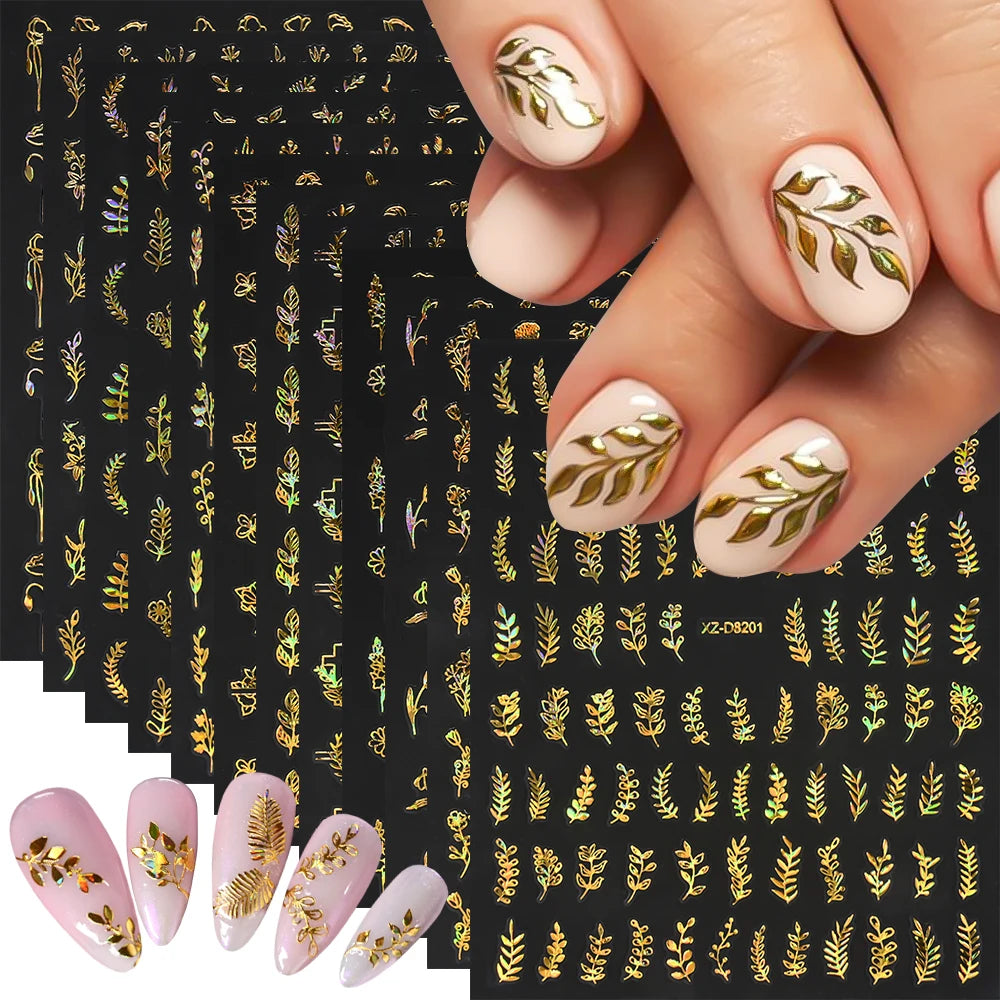 12pcs/set 3D Shiny Leaf Flower Nail Art Sticker Laer Gold Bronzing Leaves Nail Decals 8*10cm Self-Adhesive Nail Art Supplies e5#