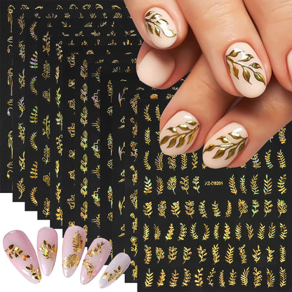 12pcs/set 3D Shiny Leaf Flower Nail Art Sticker Laer Gold Bronzing Leaves Nail Decals 8*10cm Self-Adhesive Nail Art Supplies e5#