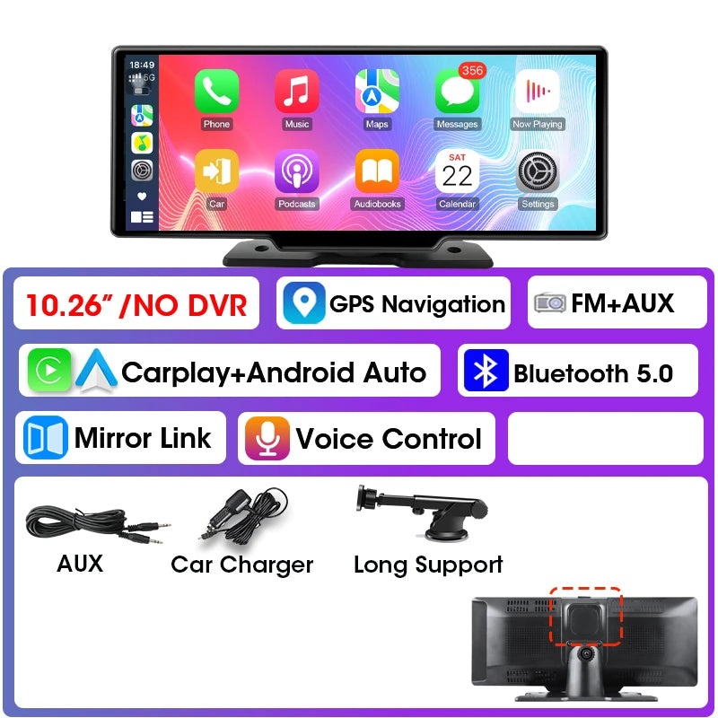 10.26 inch Car Play Screen,Wireless CarPlay & Android Auto Dash Cam Rear Camera Multimedia Stereo,AUX FM Radio,Car Touchscreen