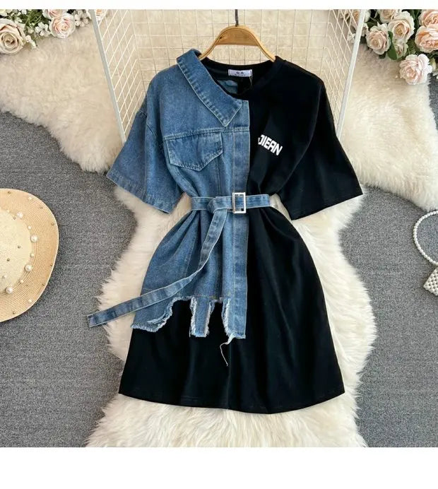 Retro Hong Kong Sle Chic Casual Mid-Length round Ne Patchwork Color Denim irt with Belt Spring New Women's Faion Top