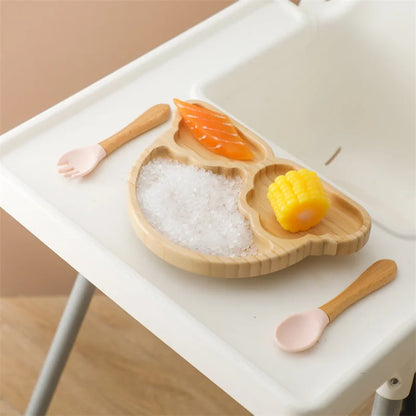 Baby Wooden Tableware Set Wooden Handle Fork Spoon Could Bamboo Wooden Plate Bowl Silicone Suction for Children Feeding Supplies