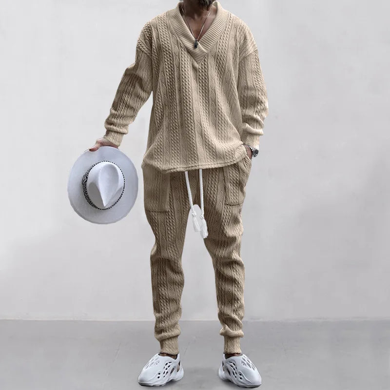 2025 Cross-border New Men's Casual Trousers V-Neck Versatile Jacquard Knitted Sweater Set