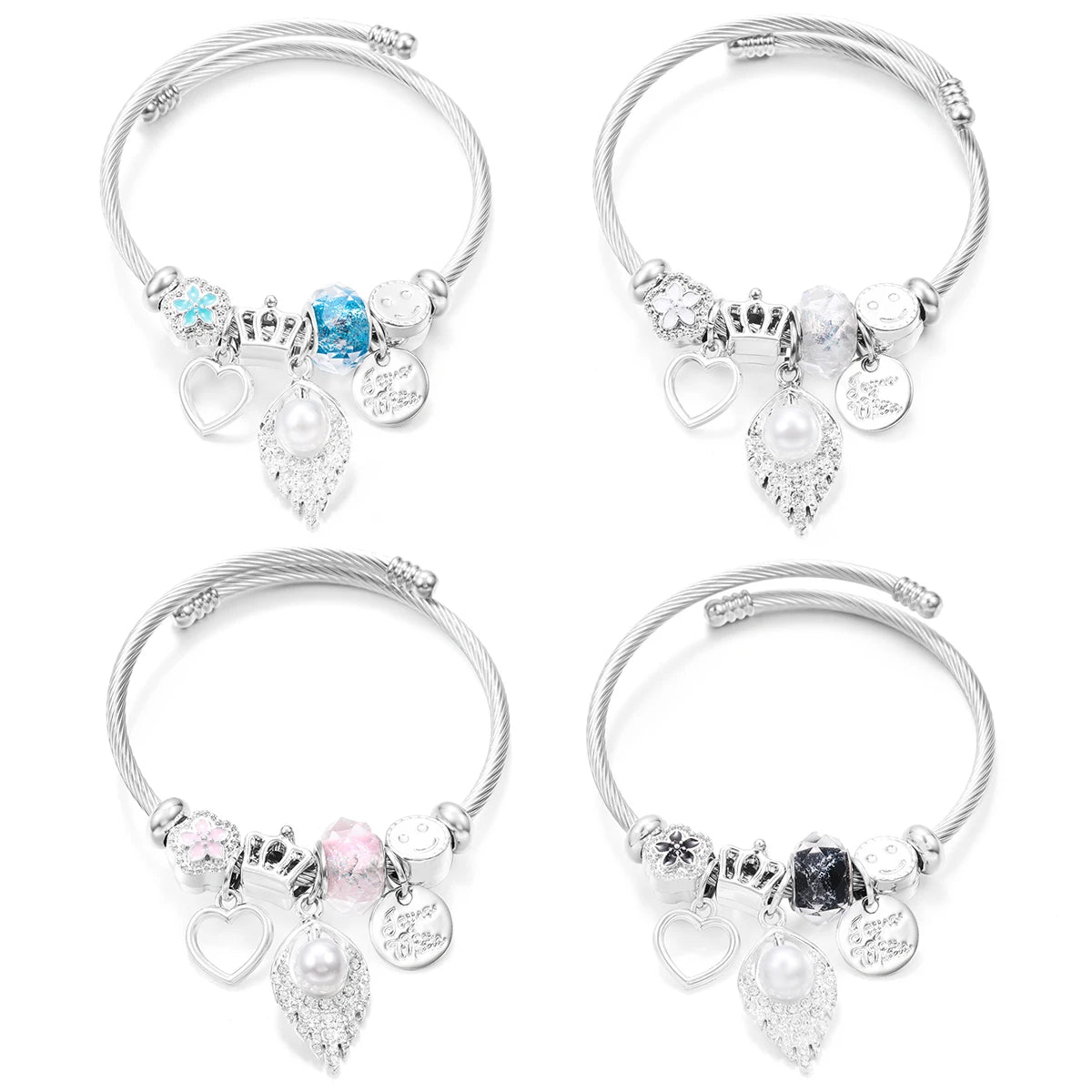 New Trendy Rhinestones Dragonfly Crystal Beaded Pendant Bracelet Stainless Steel 4 Colors Closure Bangles Women Bracelet Jewelry