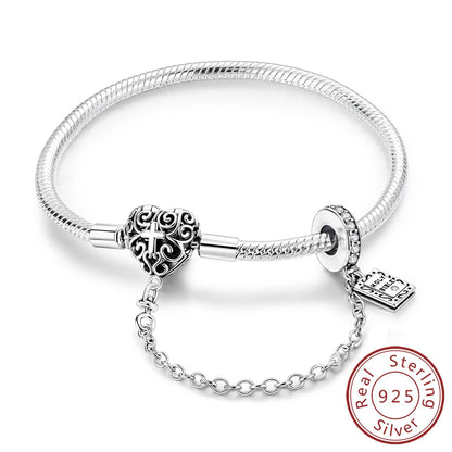 Original 925 Sterling Silver Bracelets 17-20CM Love Heart Flowers Butterfly Charms Beads Bracelet For Women Fashion Jewelry Gift