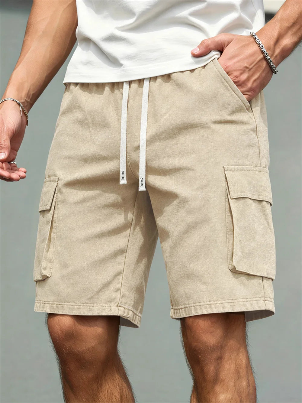 2026 Men's loose linen straight-leg pants, casual multi-pocket work shorts, high-end men's shorts, drawstring daily work shorts