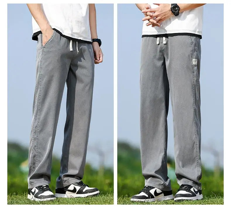 Men's Summer Soft Lyocell Fabric Jeans Thin Loose Straight Denim Pants Drawstring Elastic Waist Casual Trousers Plus Size M-5XL