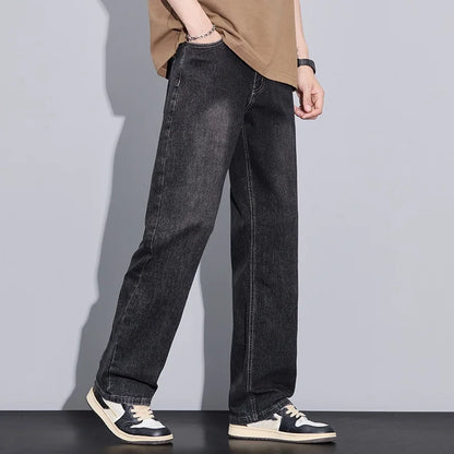 New Arrival American Vintage Wide Leg Elastic Denim Pants for Men Loose Straight Fit Flowy Versatile Casual Pants