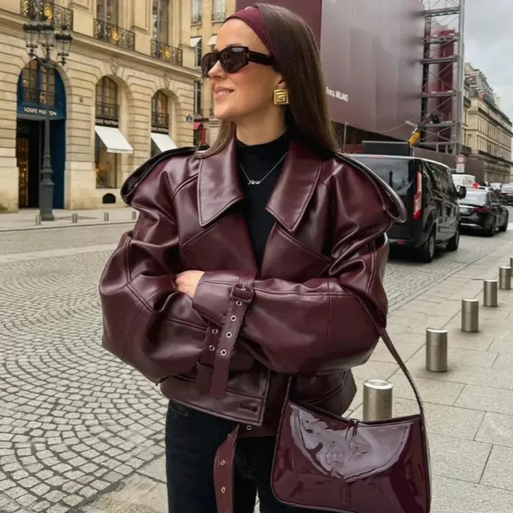 Vintage Lapel Leather Biker Jacket Women Bomber Jacket Short Coat Streetwear Zip Long Sleeve Windproof Outerwear Black Wine Red