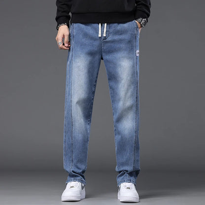 Autumn Winter Blue Jeans Men Drawstring Elastic Waist Cotton Cargo Denim Pants Work Fashion Thick Trousers Male Plus Size M-4XL
