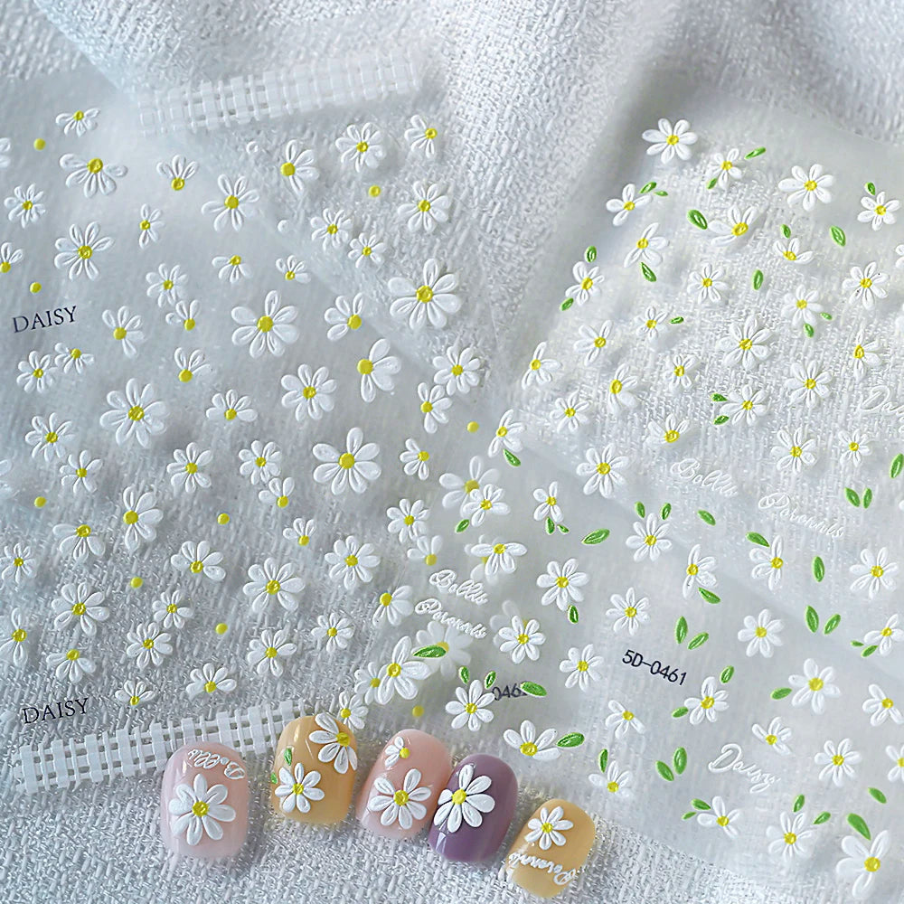 2pcs 5D White Daisy Design Nail Art Stickers Embossed Daisy Floret Green Leaf Nail Art Decals DIY Spring Summer Decor Stickers