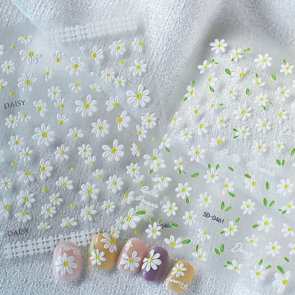 2pcs 5D White Daisy Design Nail Art Stickers Embossed Daisy Floret Green Leaf Nail Art Decals DIY Spring Summer Decor Stickers
