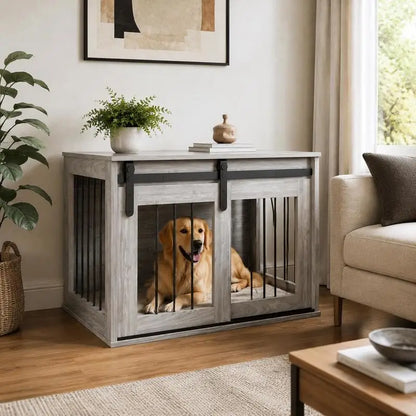 Cage Caisse for Dog Animals Interior Sliding Door, Metal Effect Wood, Dim. 57H X 80W X 54L cm