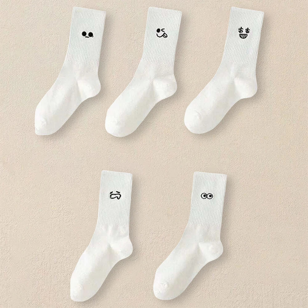 5/10/20 Pairs Men White Cartoon Socks Trendy Versatile Expression Socks With Simple Soft Breathable Comfortable Casual Socks