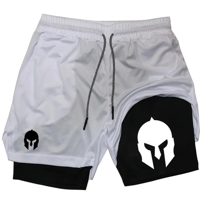 Men's Spartan Helmet Print Double Layer Gym Shorts, 2-in-1 Athletic Workout Running Casual Streetwear Short Pants WX099