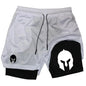 Men's Spartan Helmet Print Double Layer Gym Shorts, 2-in-1 Athletic Workout Running Casual Streetwear Short Pants WX099