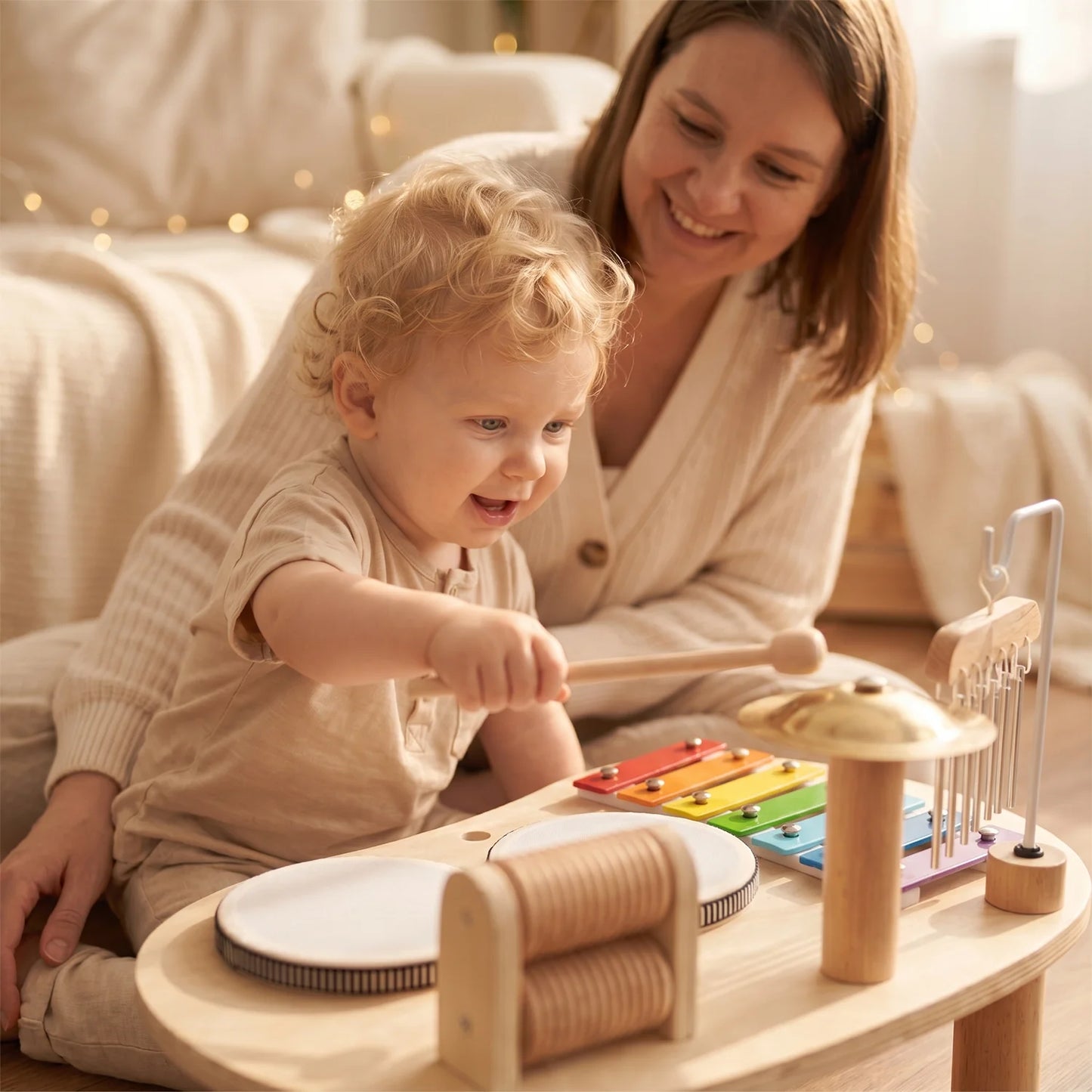 7 in 1 Wooden Toddler Musical Instrument Table Montessori Baby Percussion Toy Xylophone Drum Set Sensory Early Learning Play Gift for Kids 1‑4Y
