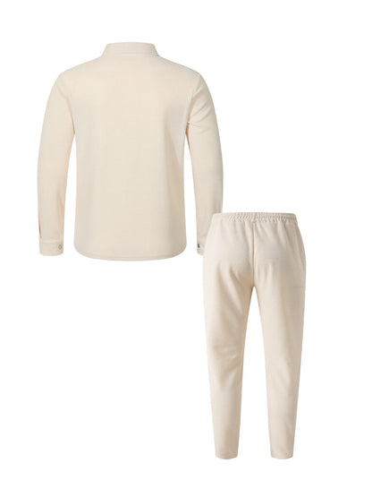 Spring and Autumn Men's High-Quality Waffle Pure Color Placket Pocket Jacket Set - A Stylish and Casual Two-Piece Outfit