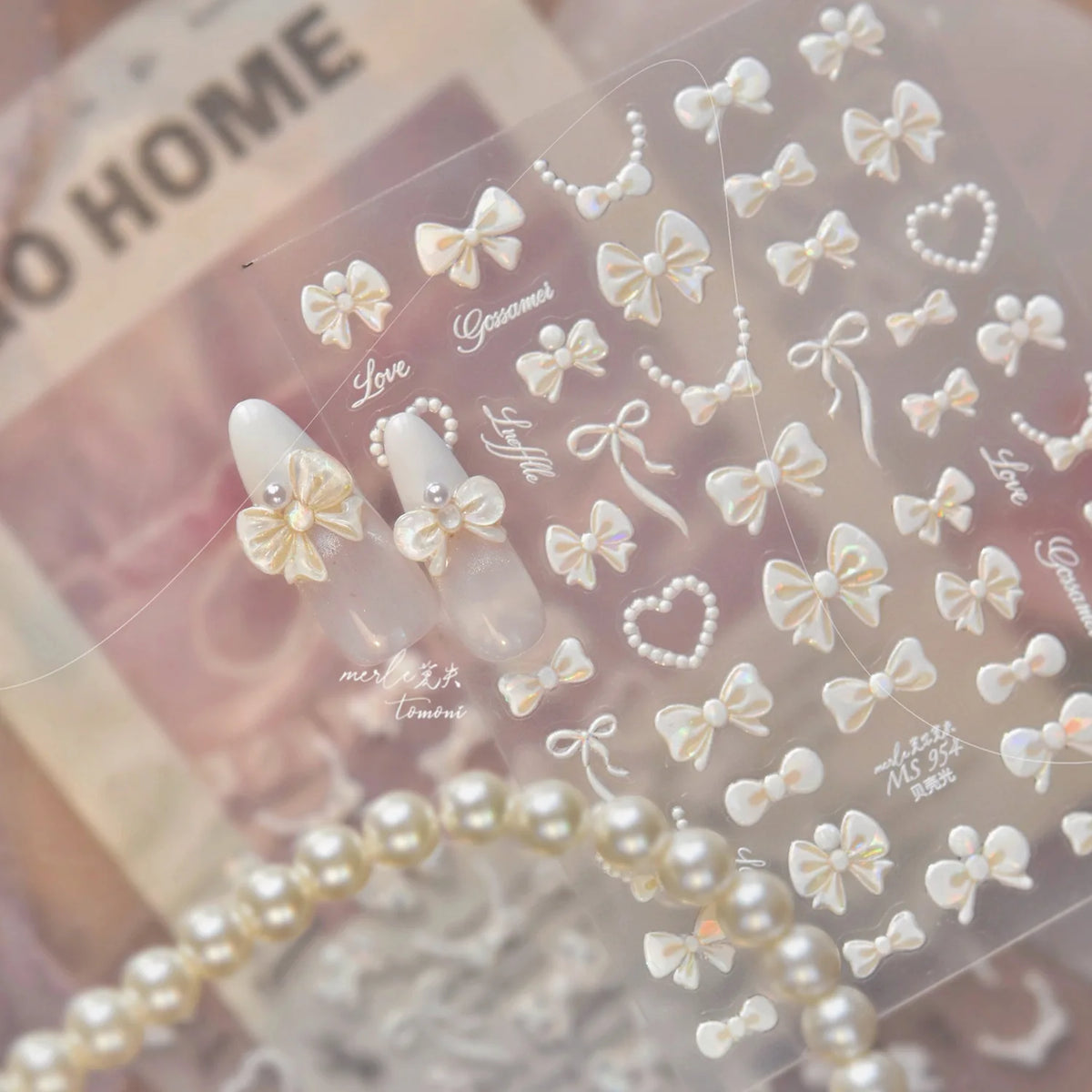 Shell Light Nail Stickers Small Fresh White Bow Ribbon Nail Charms Stickers Self Adhesive Nails 3D Decorations Parts DIY Decals