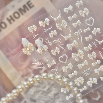Shell Light Nail Stickers Small Fresh White Bow Ribbon Nail Charms Stickers Self Adhesive Nails 3D Decorations Parts DIY Decals