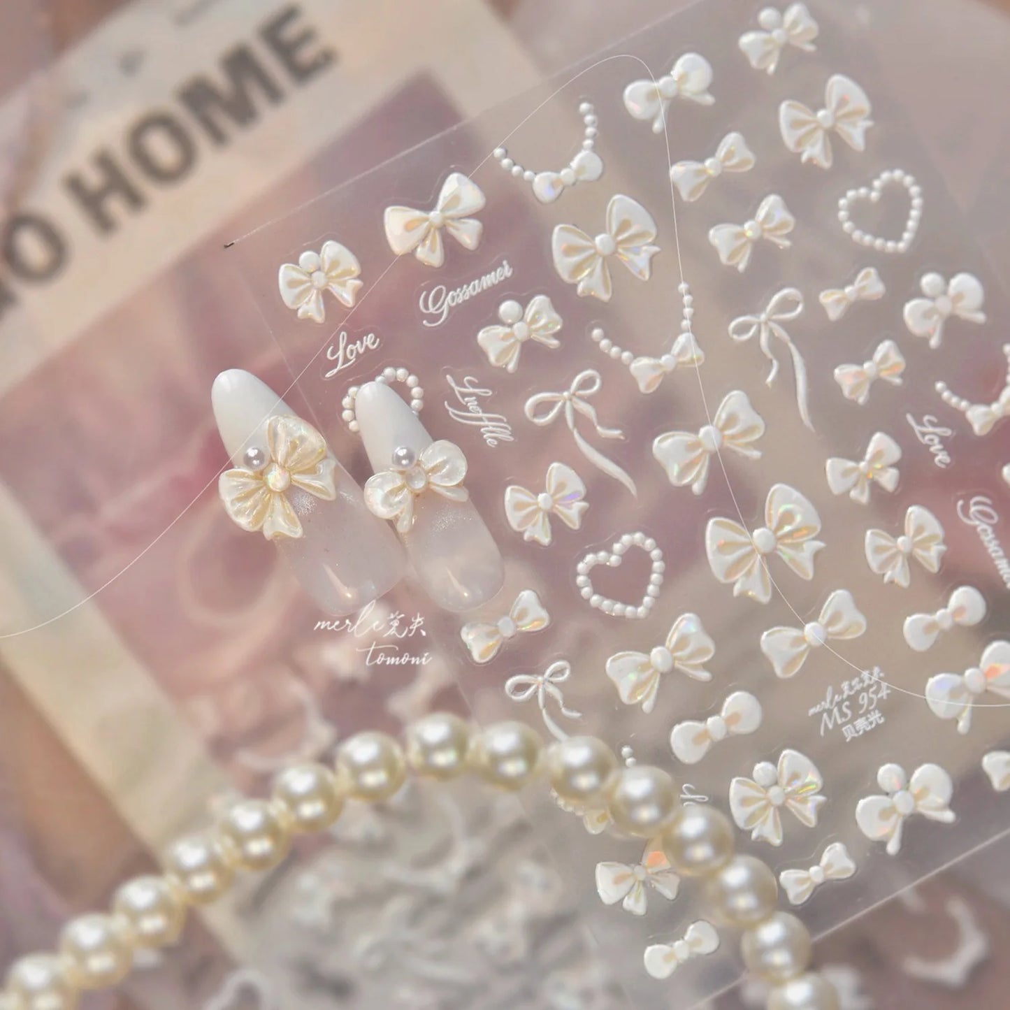 Shell Light Nail Stickers Small Fresh White Bow Ribbon Nail Charms Stickers Self Adhesive Nails 3D Decorations Parts DIY Decals
