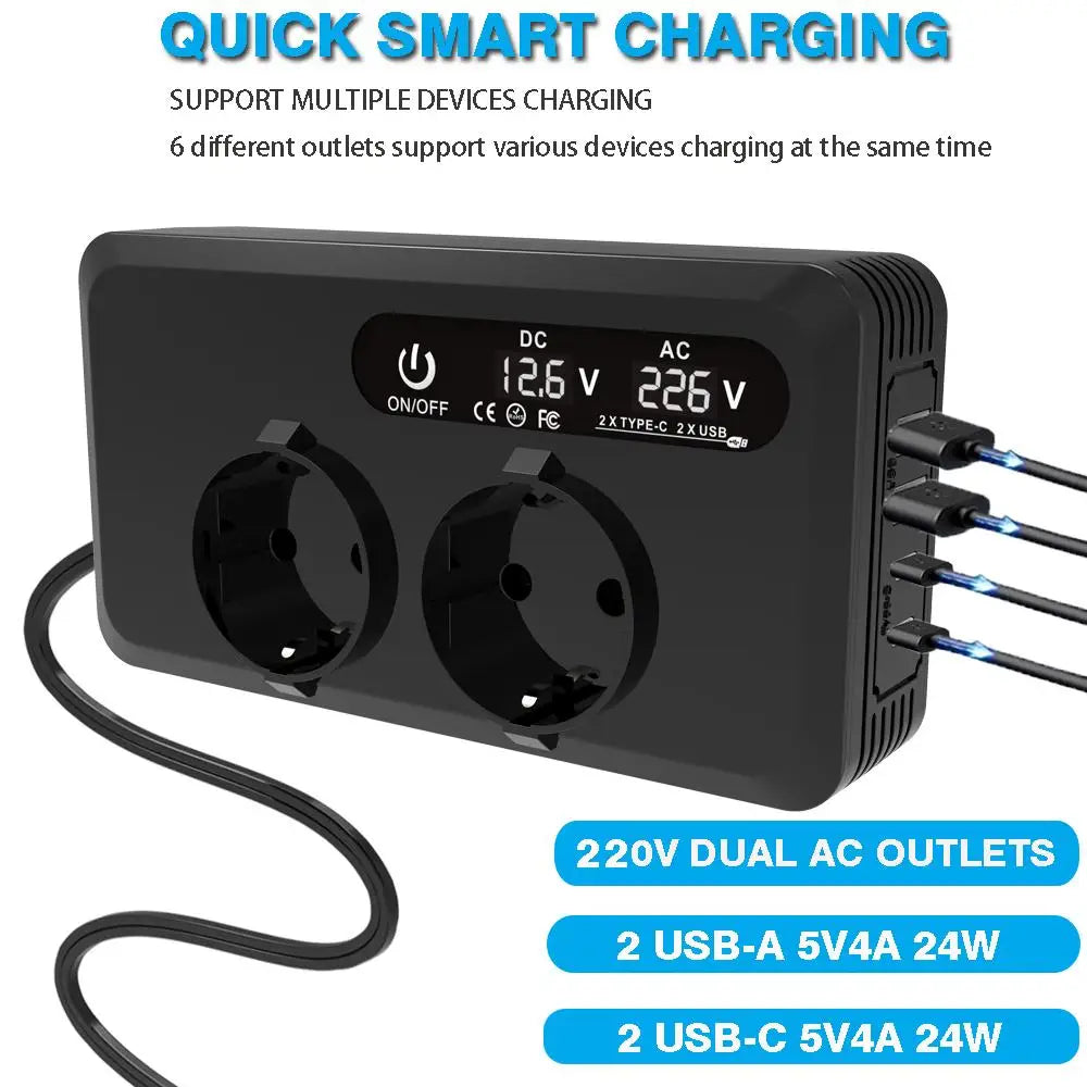 200W Car Power Inverter 12V DC To 220V AC With Dual EU Outlets, Dual USB, Dual Type-C Ports, LCD Display