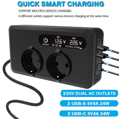 200W Car Power Inverter 12V DC To 220V AC With Dual EU Outlets, Dual USB, Dual Type-C Ports, LCD Display