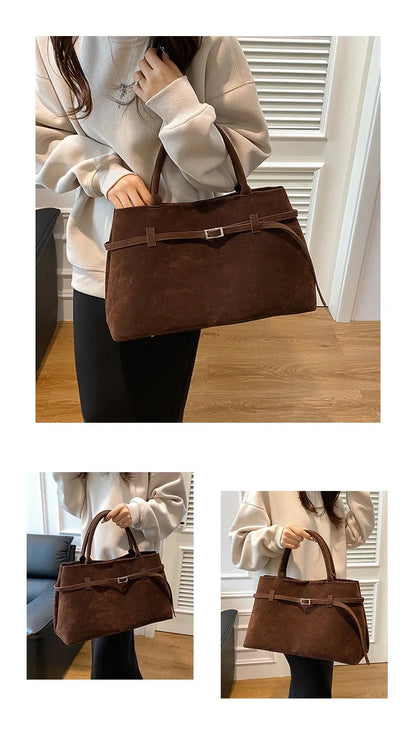 Vintage Satin-Leather Tote Bag – Casual Style with Buckle Closure, Large Capacity for Commuting & Everyday Shoulder Carry
