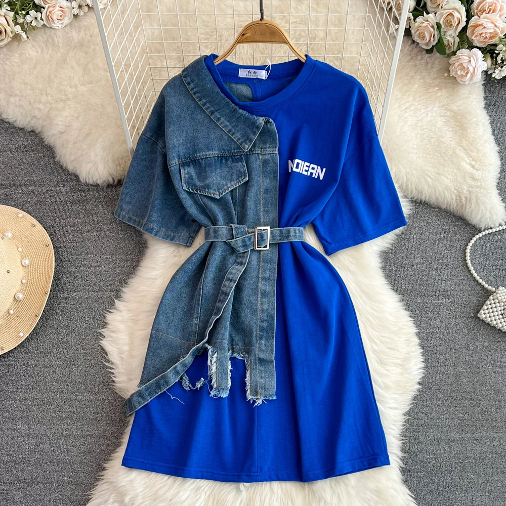 Retro Hong Kong Sle Chic Casual Mid-Length round Ne Patchwork Color Denim irt with Belt Spring New Women's Faion Top