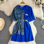 Retro Hong Kong Sle Chic Casual Mid-Length round Ne Patchwork Color Denim irt with Belt Spring New Women's Faion Top
