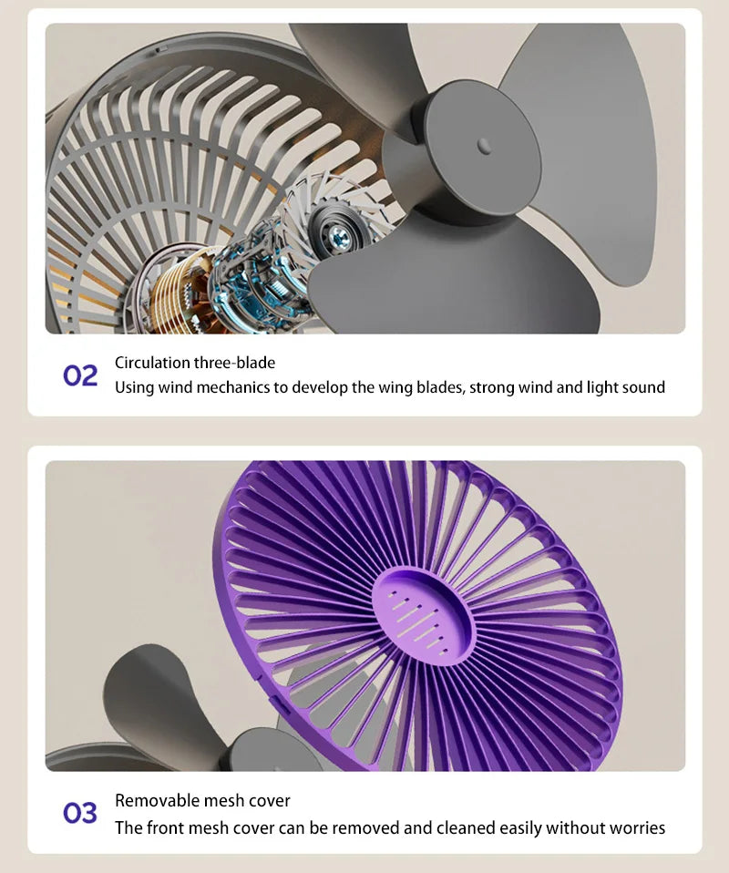 Lenovo 5000mAh 3IN1 Rechargeable Multifunctional Portable Fan Wall Mounted Fan 90° Folding Fan 4 Gears With Warm Night Light