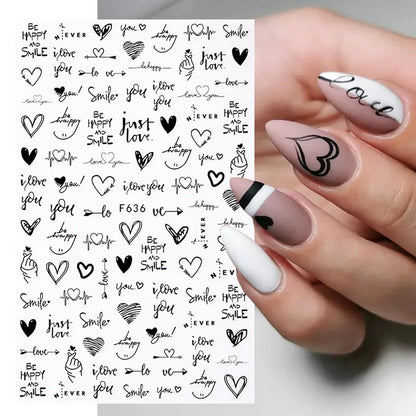 Black and White Love Flowers Line Art 3D Stickers Nail Decals Nail Art Accessories Butterfly Rose Nail Stickers Nail Sliders