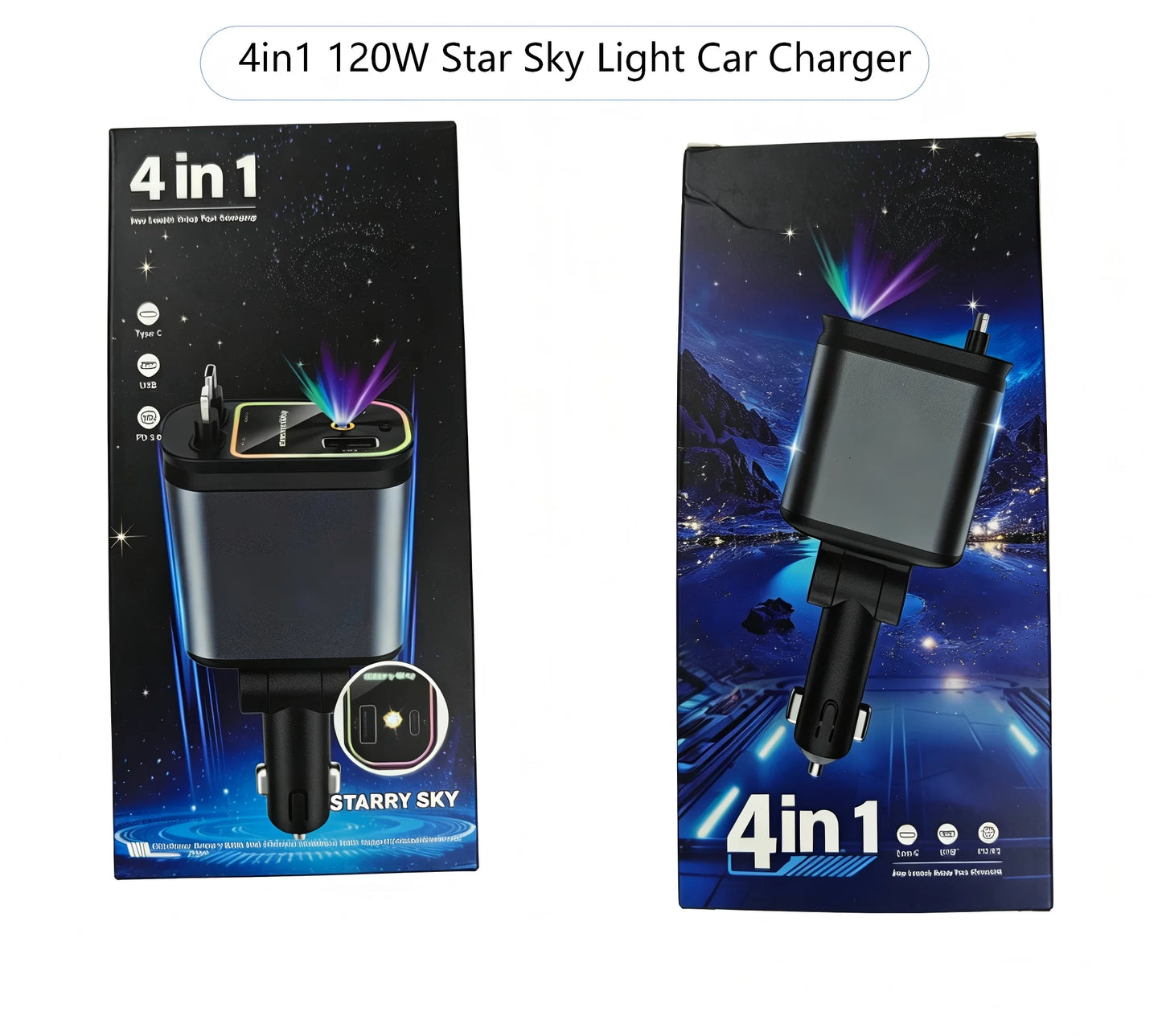120W 5-in-1 Car Fast Charger Retractable Cable PD 30W Digital Voltmeter Star Light Car Charging Adapter For IOS Android