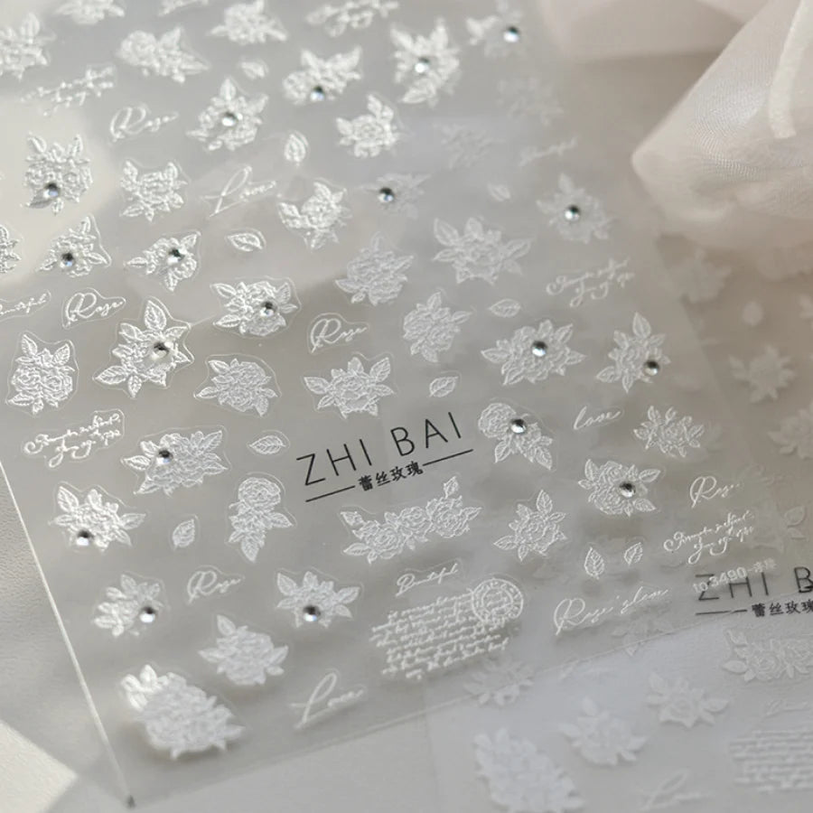 1pcs 5D Diamond Japanese White Lace Bow Nail Art Stickers Pearl Rhinestones Nail Decoration Adhesive Decals Slider DIY Accessory