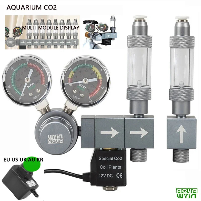 Aquarium CO2 Regulator Dual Meter Solenoid Valve Quick Plug Foam Recorder Control System Fish Tank CO2 Pressure Reducing Valve