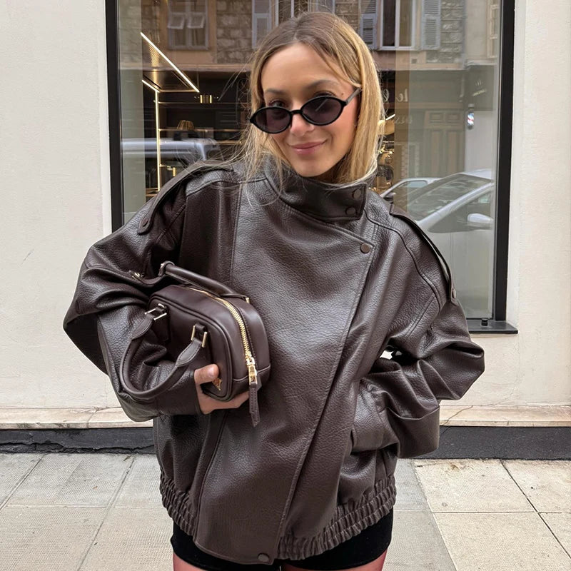 Women's Faux Leather Jacket 2025 New Fashion Autumn Black Long Sleeve Pebble Jacket Motorcycle Style Personality Ladies Jacket