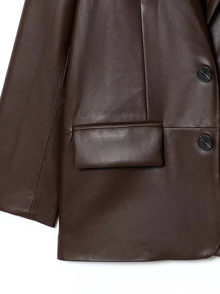 Women's Fashion Faux Leather Blazer Coat Loose Fit Old Money Style Long Sleeve Front Button Chic Outerwear Top